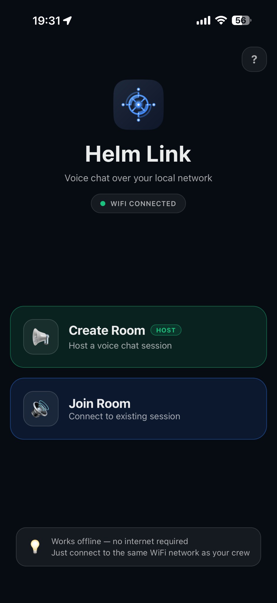 Helm Link home screen showing Create Room and Join Room options