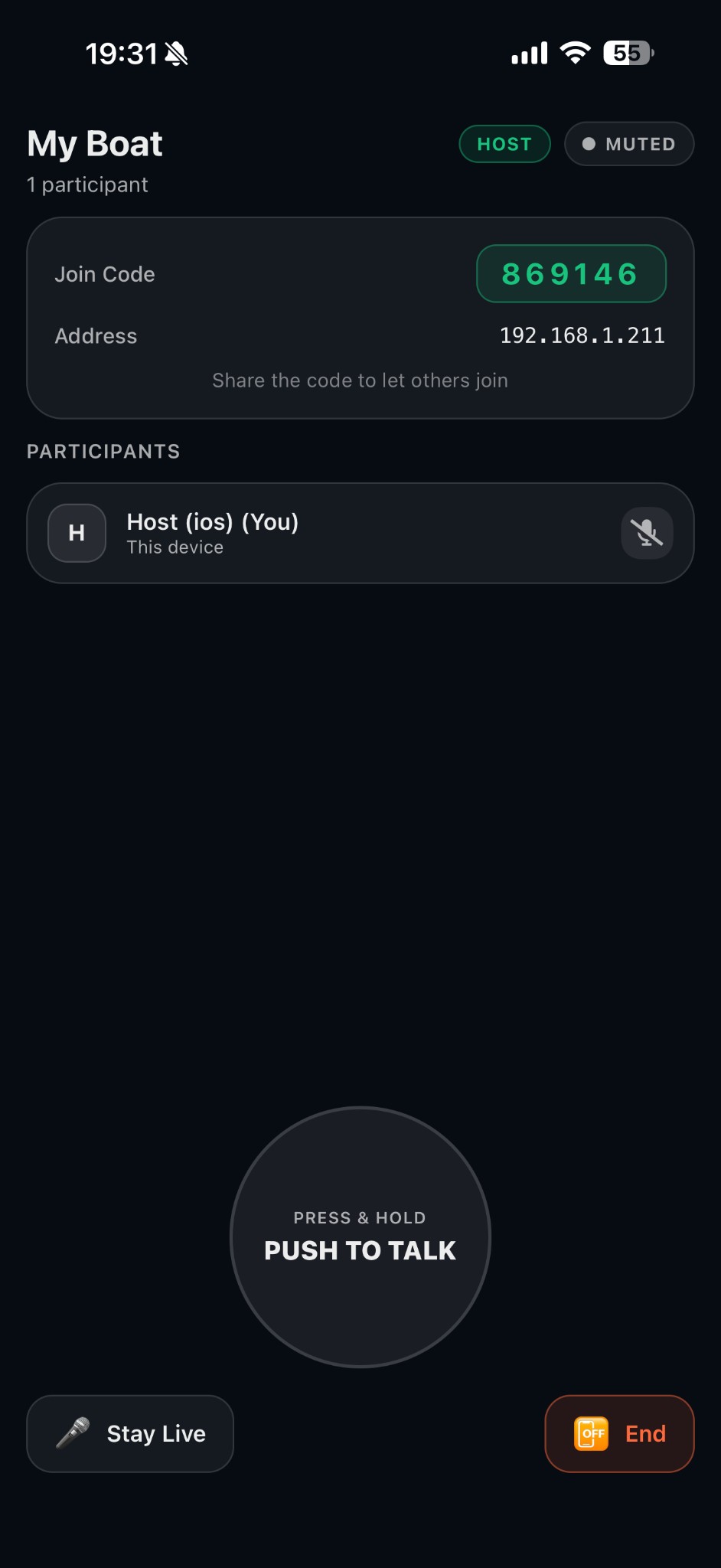 Helm Link room screen showing participants and push-to-talk button